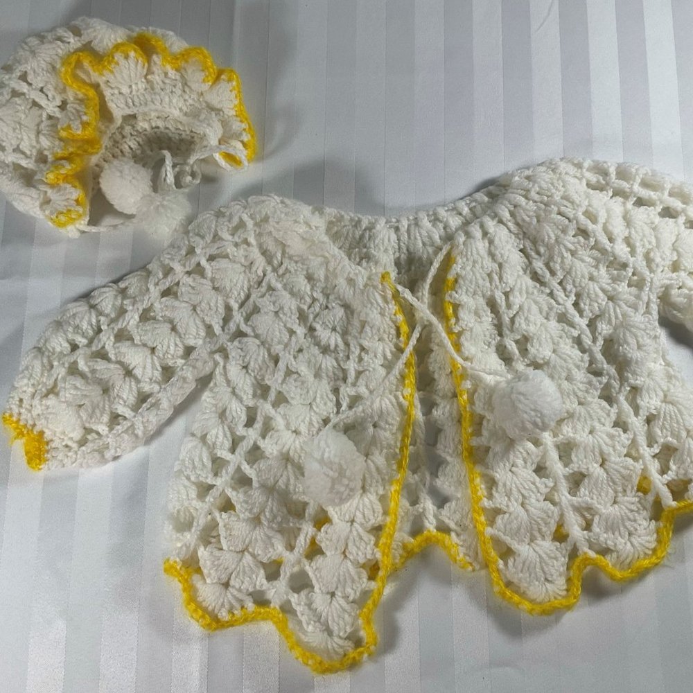 Vintage Hand Crochet White/Yellow Sweater & Bonnet Set w/ Pompom Ties
